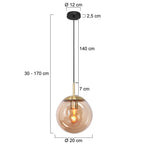 Suspension en verre ambré et métal doré avec ampoule visible – Ø20 cm