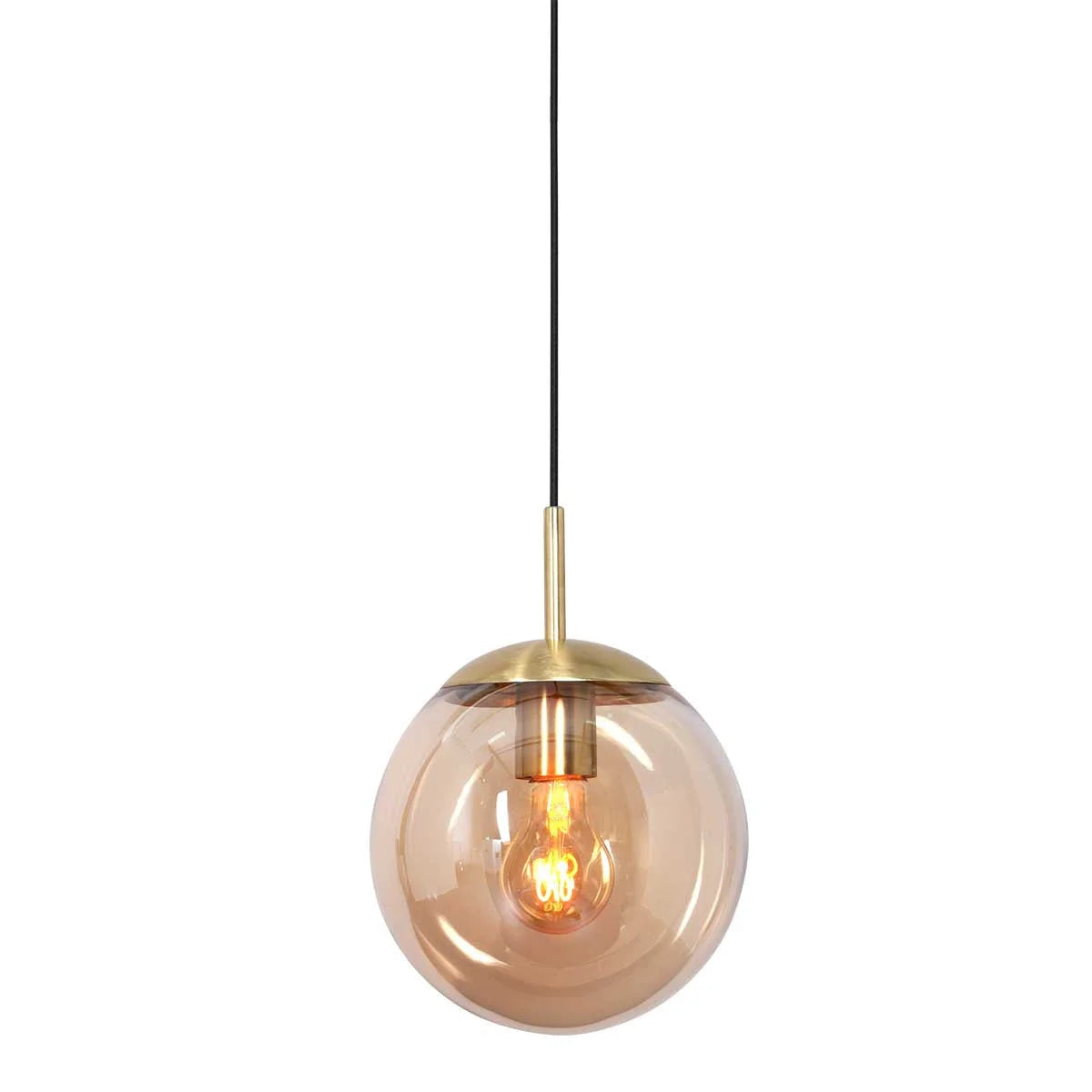 Suspension en verre ambre et métal doré sphérique avec ampoule à filament exposé