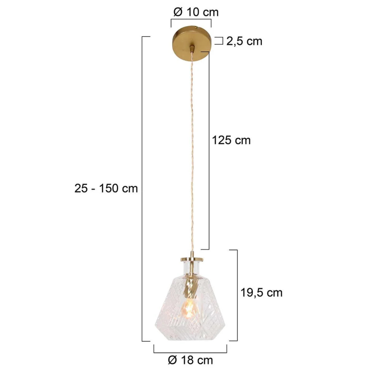 Suspension en verre facetté et laiton doré avec câble torsadé, hauteur ajustable, Ø18 cm