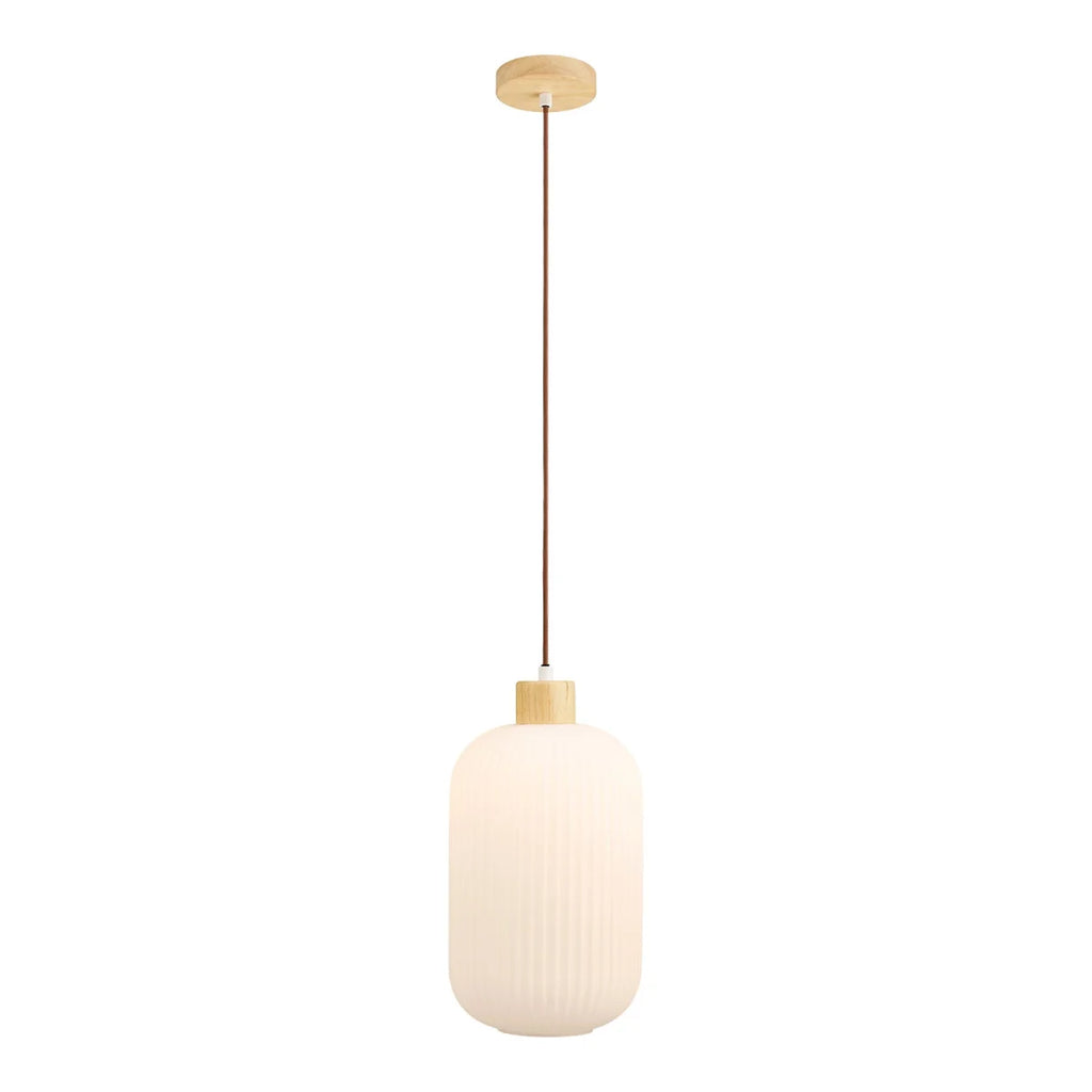 Suspension en verre opalin cannelé et bois clair Ø20 cm