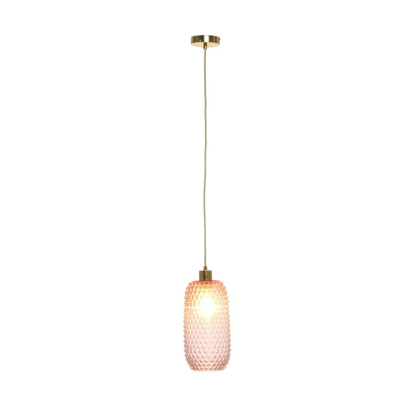 Suspension en verre rose à reliefs et finitions laiton doré – H34 cm