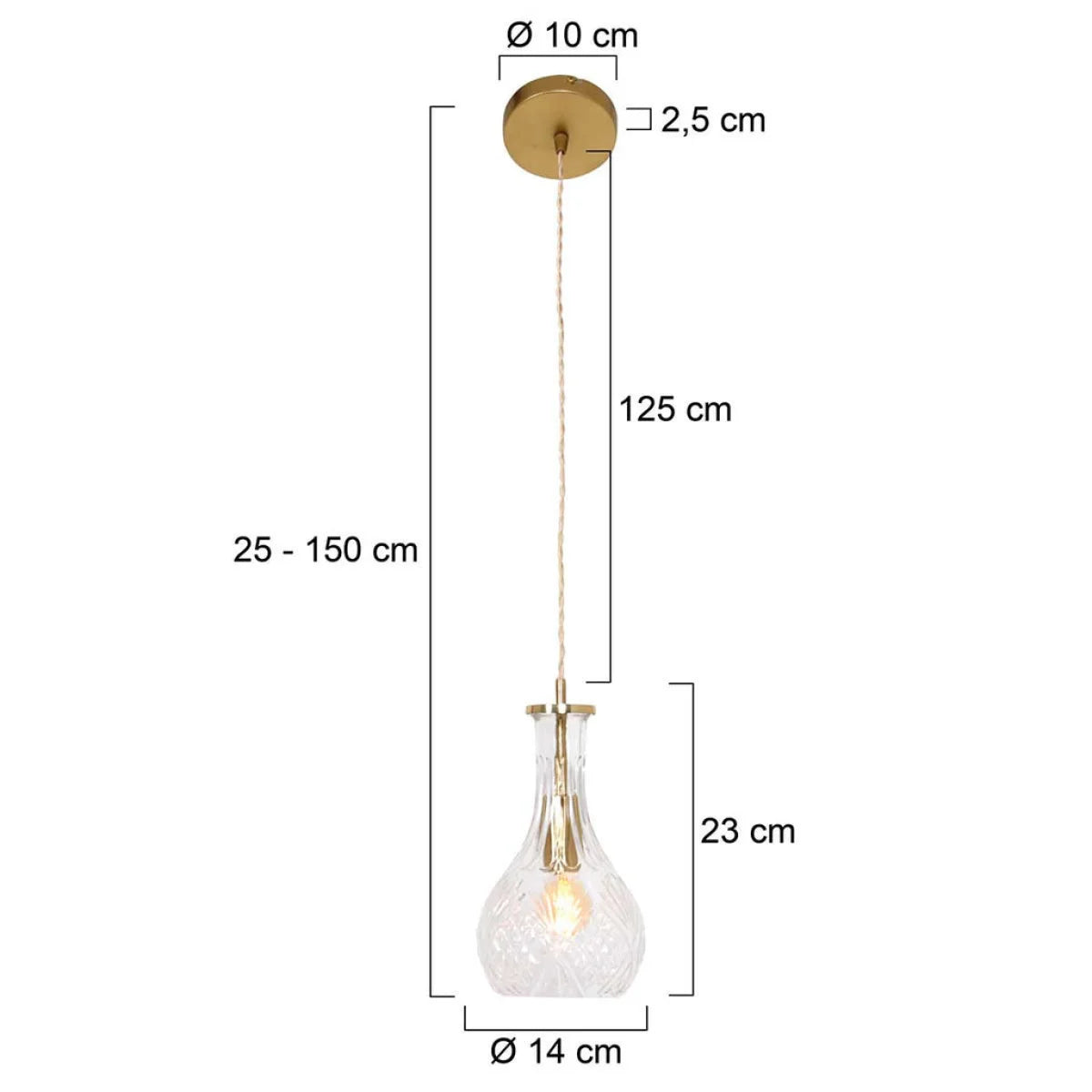 Suspension en verre taillé transparent et laiton doré, hauteur réglable, diamètre 14 cm