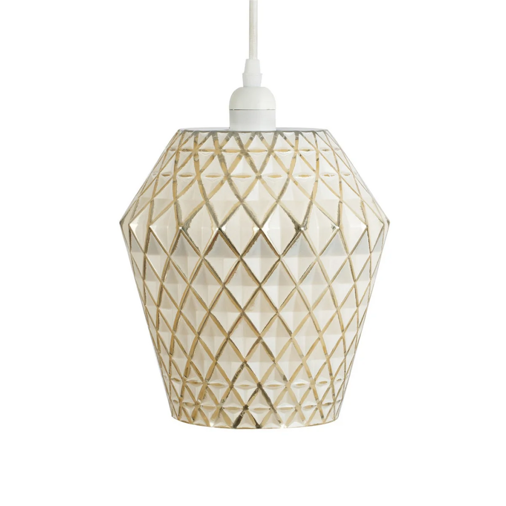 Suspension blanche avec abat-jour en verre texturé en motif diamant pour Hängelampe Lea Gold / Weiß