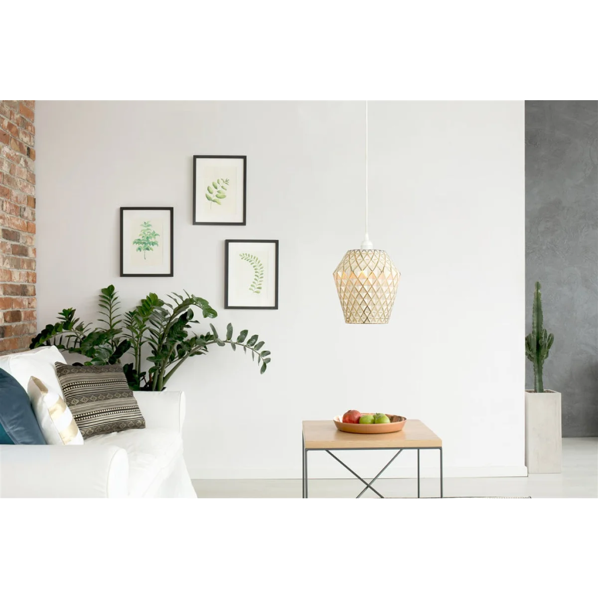 Lampe suspendue décorative blanche avec abat-jour en tissage clair pour Hängelampe Lea Gold Weiß