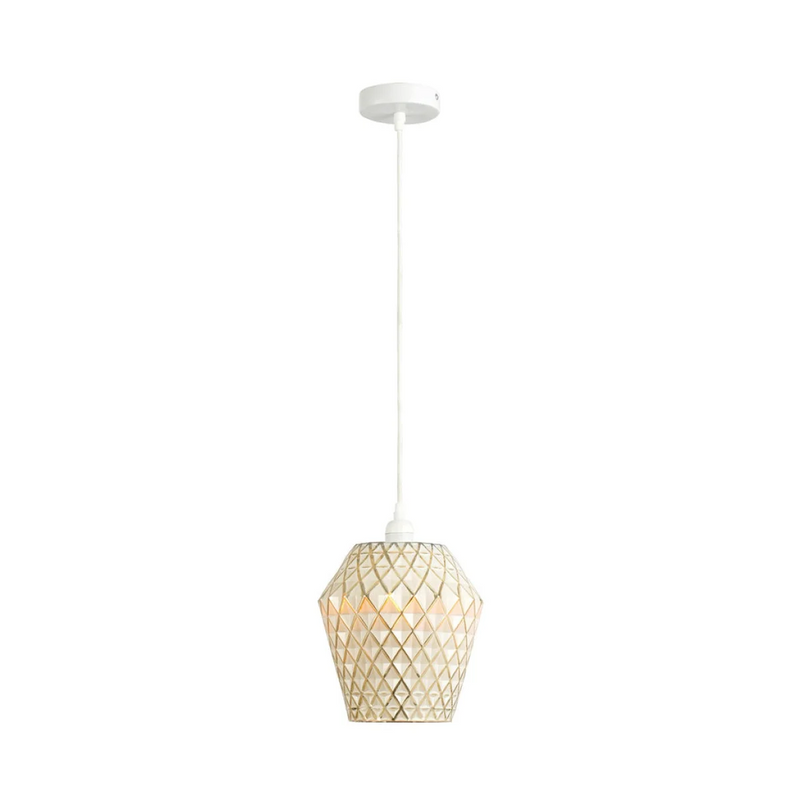 Suspension en verre texturé champagne forme diamant câble blanc – H27 cm