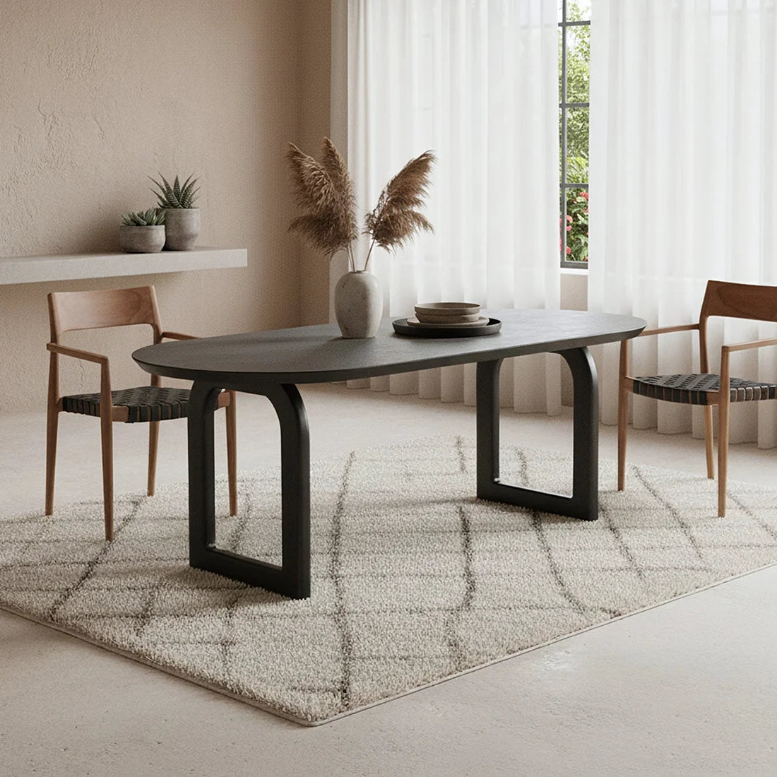 Table à manger ovale moderne bois noir mat, pieds métal courbés 180x90 cm
