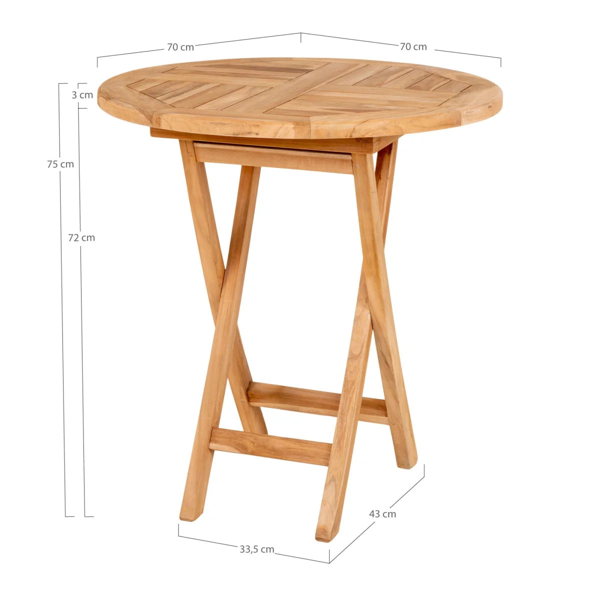 Table ronde pliante en teck brun clair, motif chevron, Ø70 cm extérieur