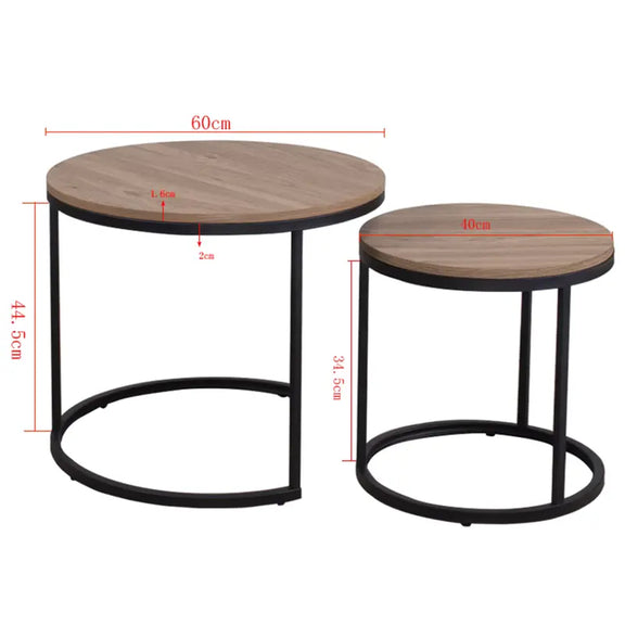 Tables gigognes rondes en bois et métal, avec dimensions indiquées sur fond blanc