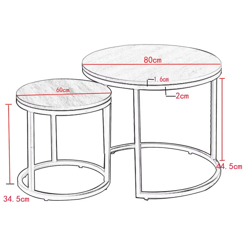 Schéma des dimensions du modèle 80 cm des tables gigognes rondes effet marbre blanc.