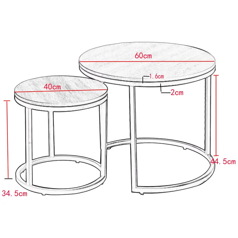 Schéma des dimensions du modèle 60 cm des tables gigognes rondes effet marbre blanc.