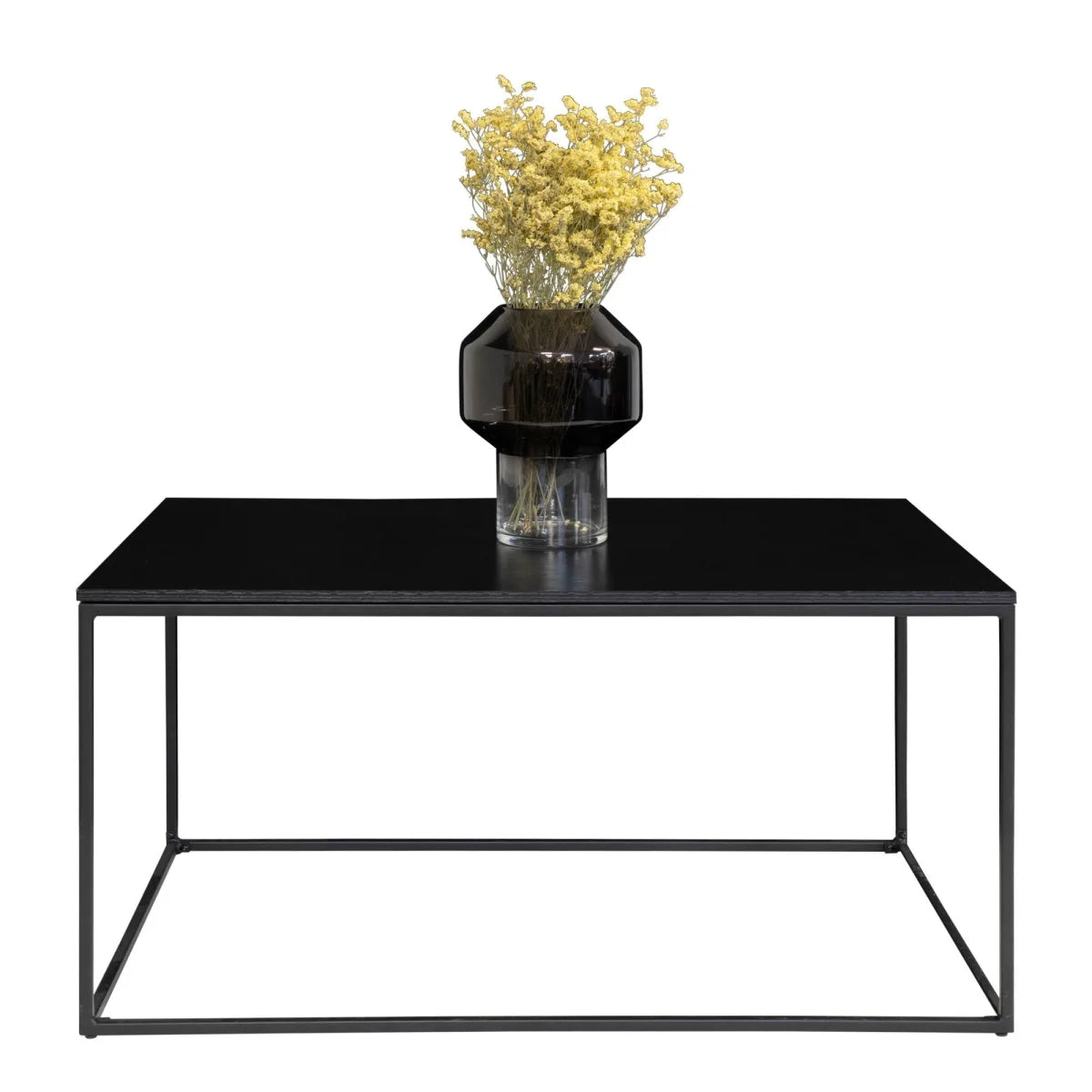 Vase en verre géométrique noir avec fleurs jaunes séchées