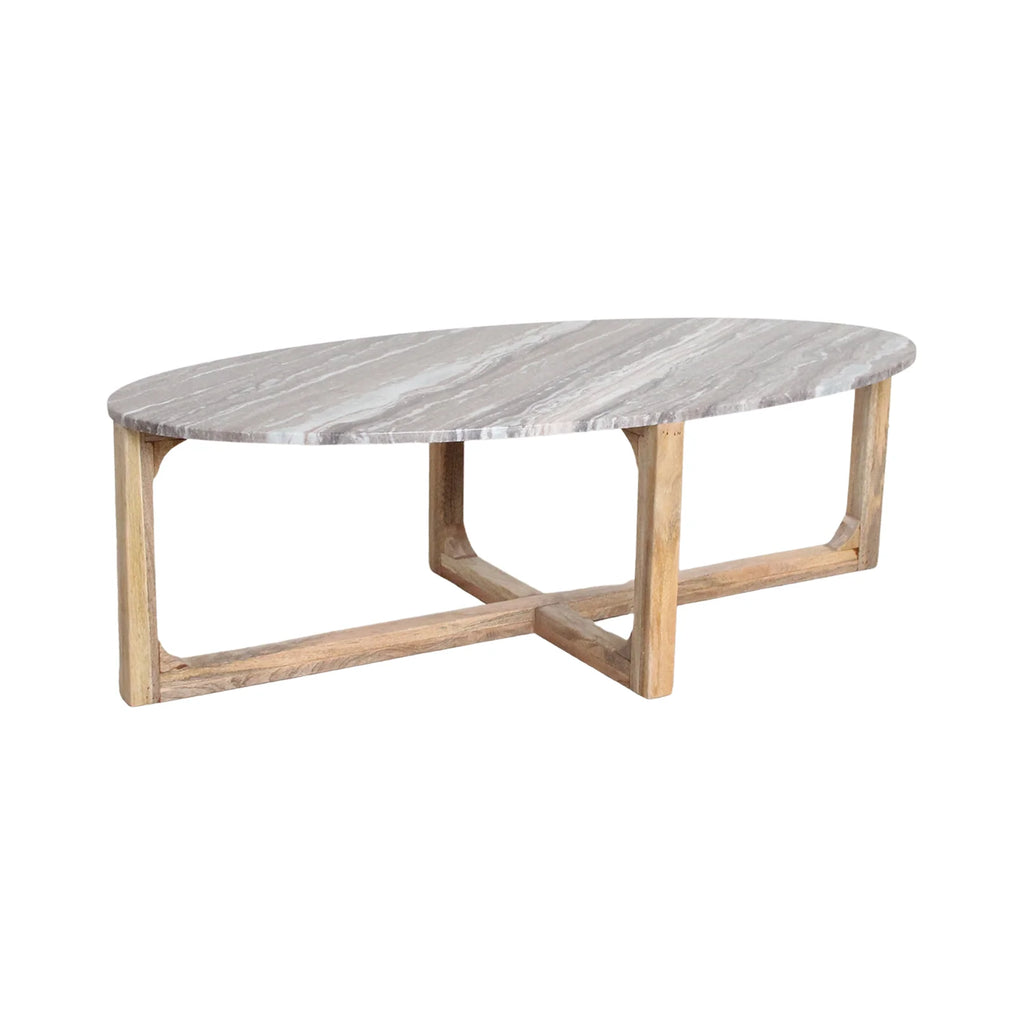 Table basse ovale en marbre gris et bois clair, 120x60 cm