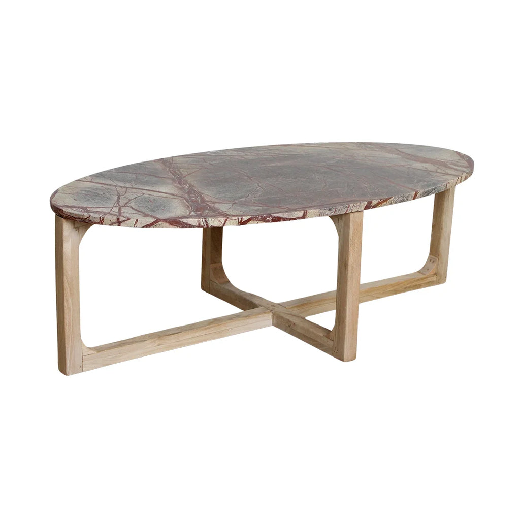 Table basse ovale en marbre veiné rouge et bois clair 120x60 cm