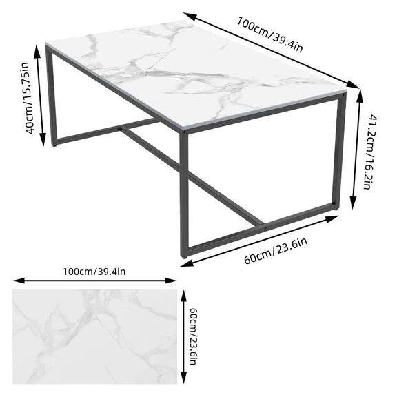 Table basse design rectangulaire avec plateau en pierre frittée, vue avec dimensions sur fond blanc