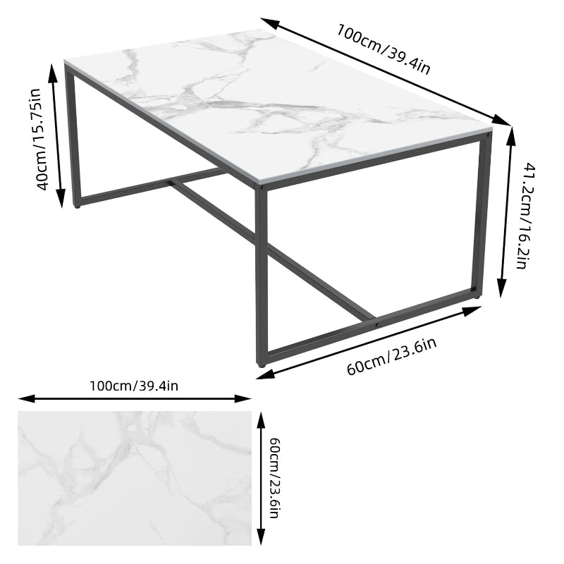 Table basse design rectangulaire avec plateau en pierre frittée, vue avec dimensions sur fond blanc