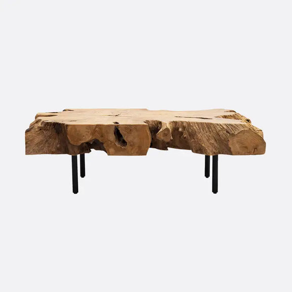 Vue complète de la table basse en racine de teck naturelle, avec son design brut et ses pieds en métal.