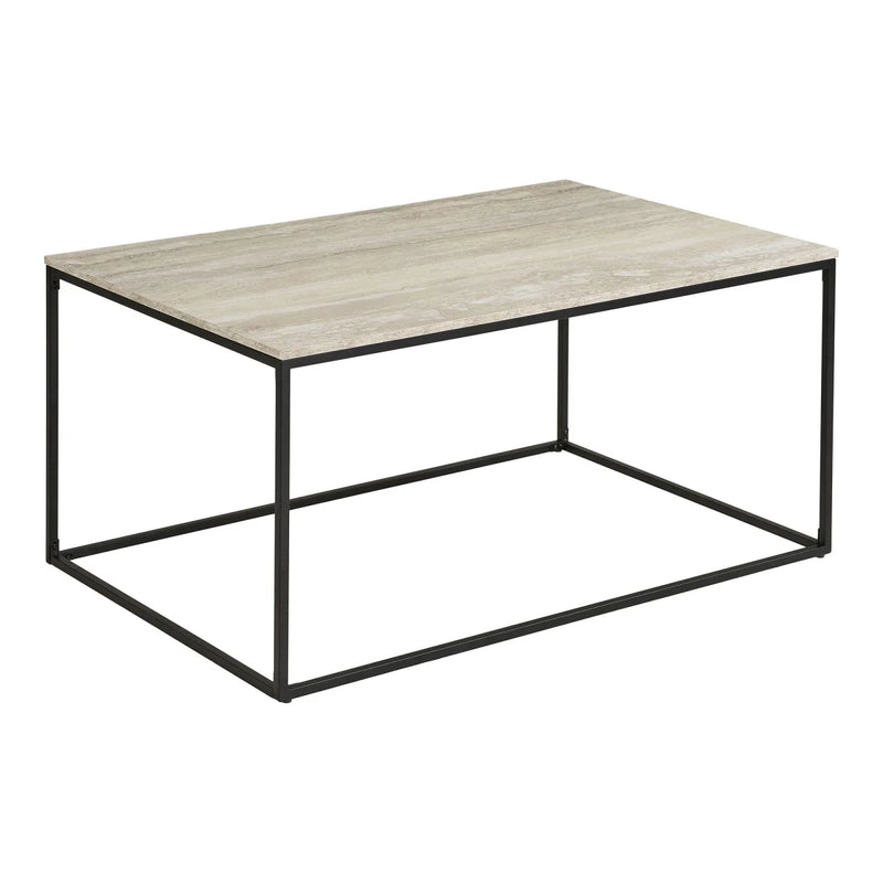 Table basse rectangulaire effet travertin beige structure métal noir – 90x60 cm