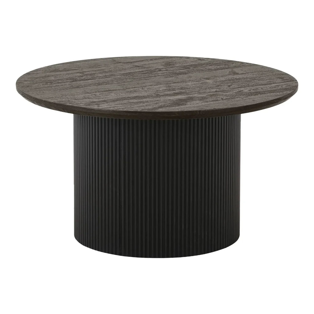 Table basse ronde en bois & base noire rainurée