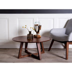 Table basse ronde en noyer brun, pieds triangulaires, Ø75 cm