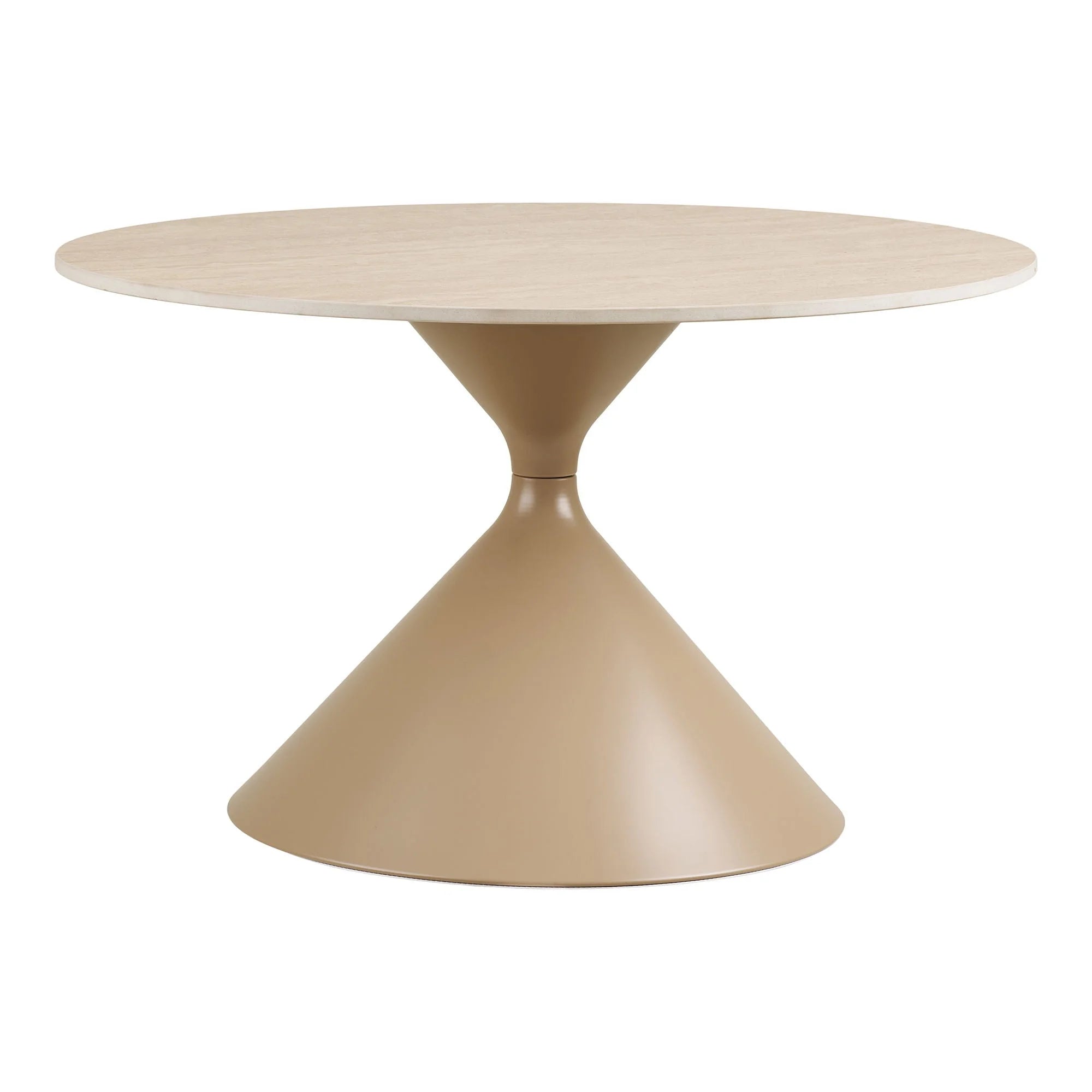Table basse ronde effet travertin sable pied conique acier Ø70 cm