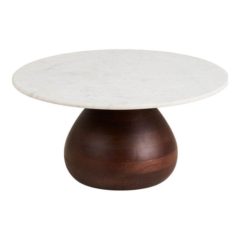 Table basse ronde marbre blanc et bois foncé piètement galbé – Ø70 cm