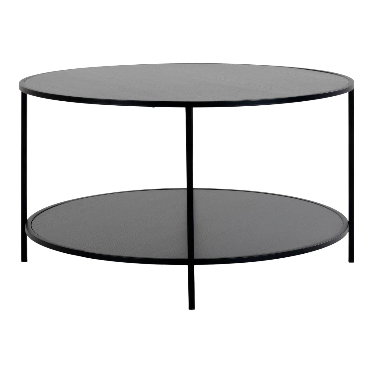 Table basse ronde noire en acier et bois, 2 étages, Ø80 cm