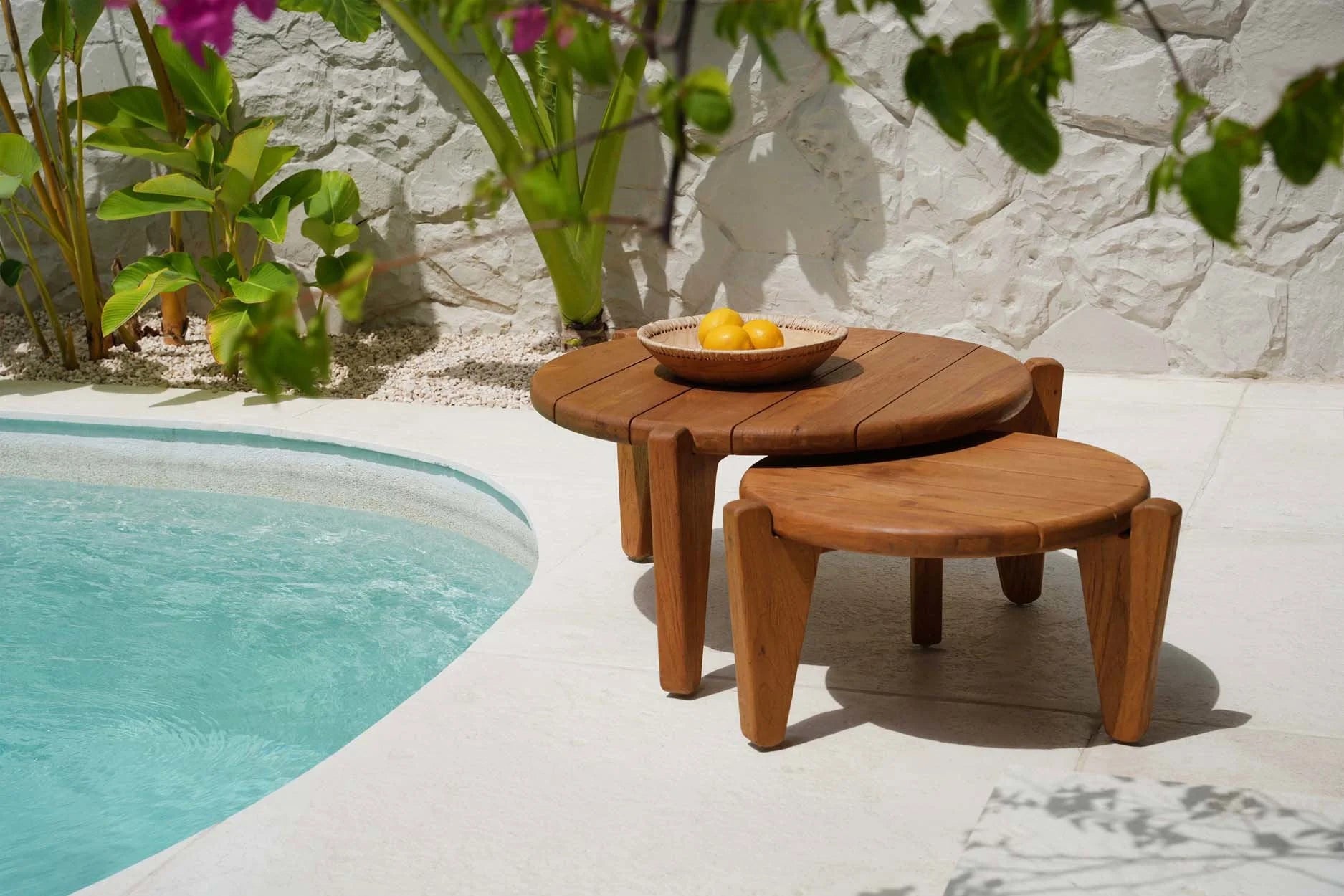 Table basse ronde en teck recyclé pour extérieur naturel – Ø70 cm