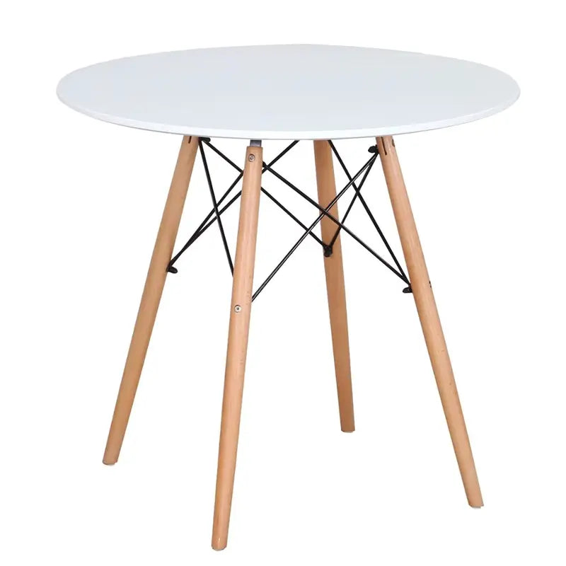 Table ronde blanche de cuisine en bois avec pieds en bois, minimaliste et élégante.