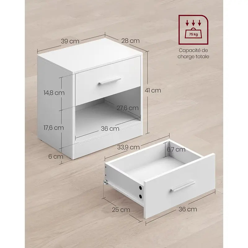 Dimensions détaillées de la table de chevet 1 tiroir, idéale pour une chambre compacte ou un espace moderne.