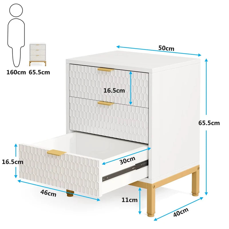 Dimensions de la table de chevet blanche à 3 tiroirs, avec détails sur les mesures et la structure.