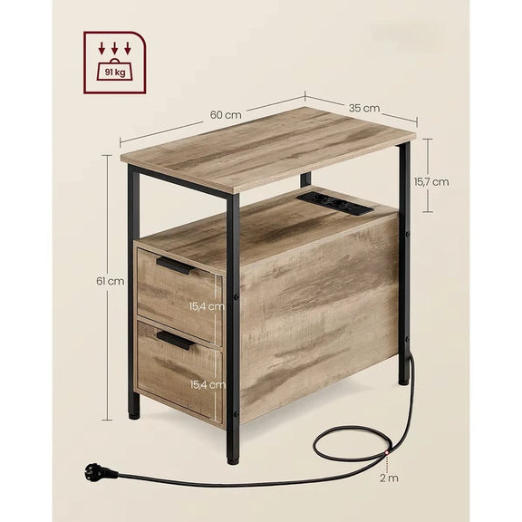 Dimensions détaillées de la table de chevet avec prises intégrées et tiroirs.