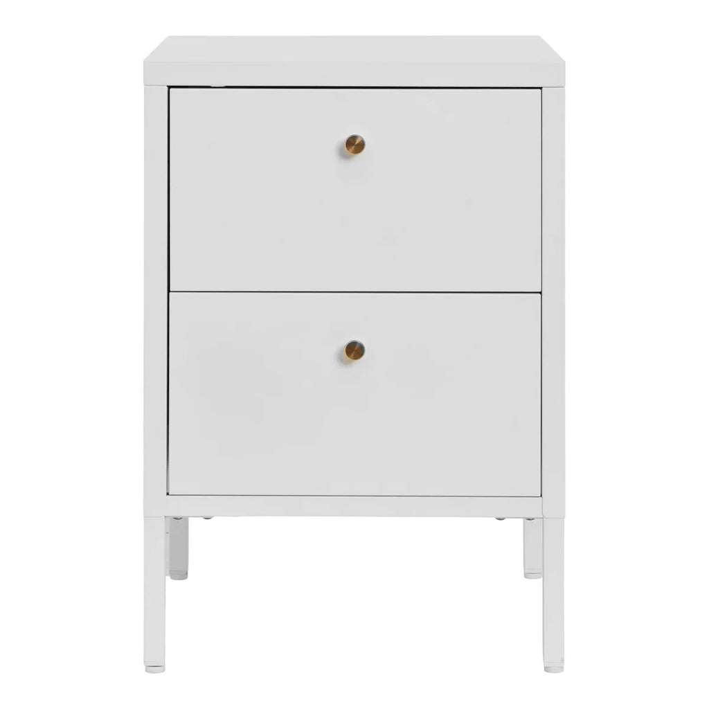Table de chevet en métal blanc à deux tiroirs, boutons dorés, 40x40 cm