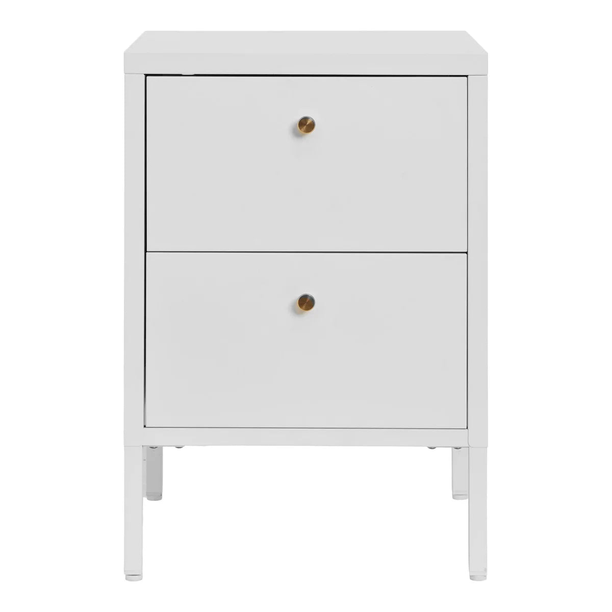 Table de chevet en métal blanc à deux tiroirs, boutons dorés, 40x40 cm