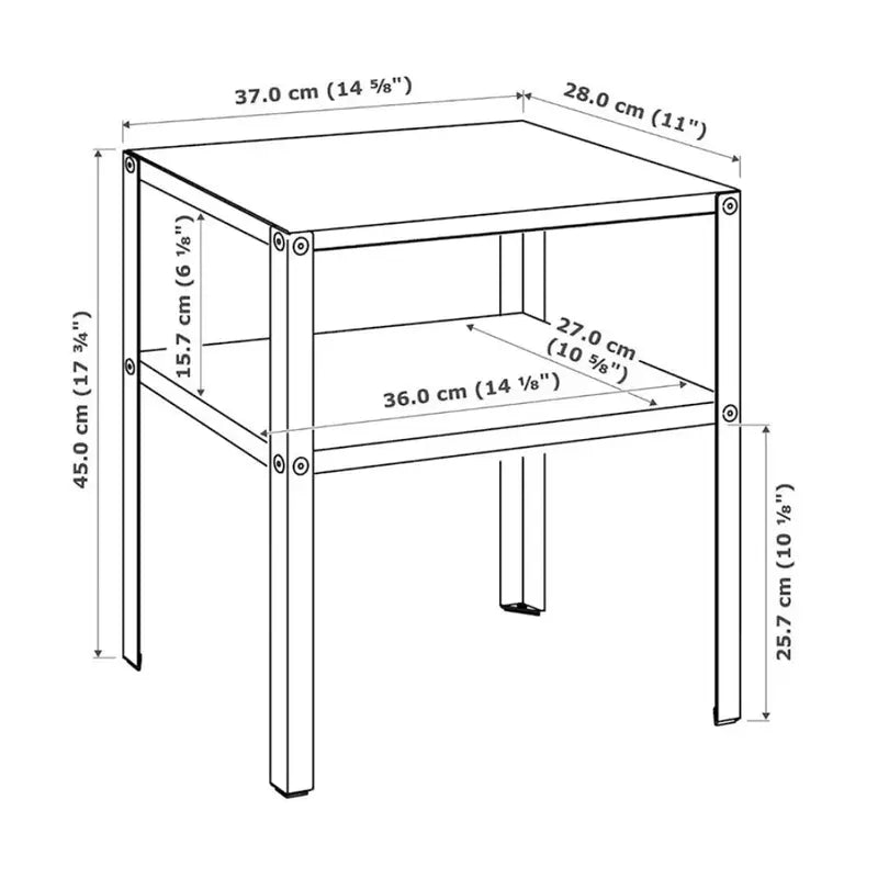 Schéma détaillé des dimensions de la table de chevet en métal noir, adaptée pour chambre et salon.