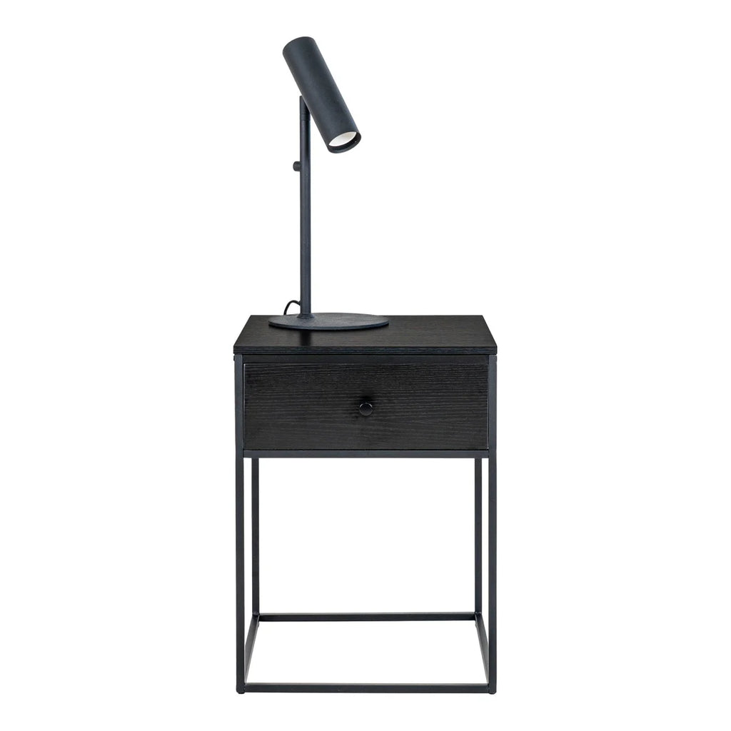 Table de chevet noire en métal avec tiroir et lampe réglable