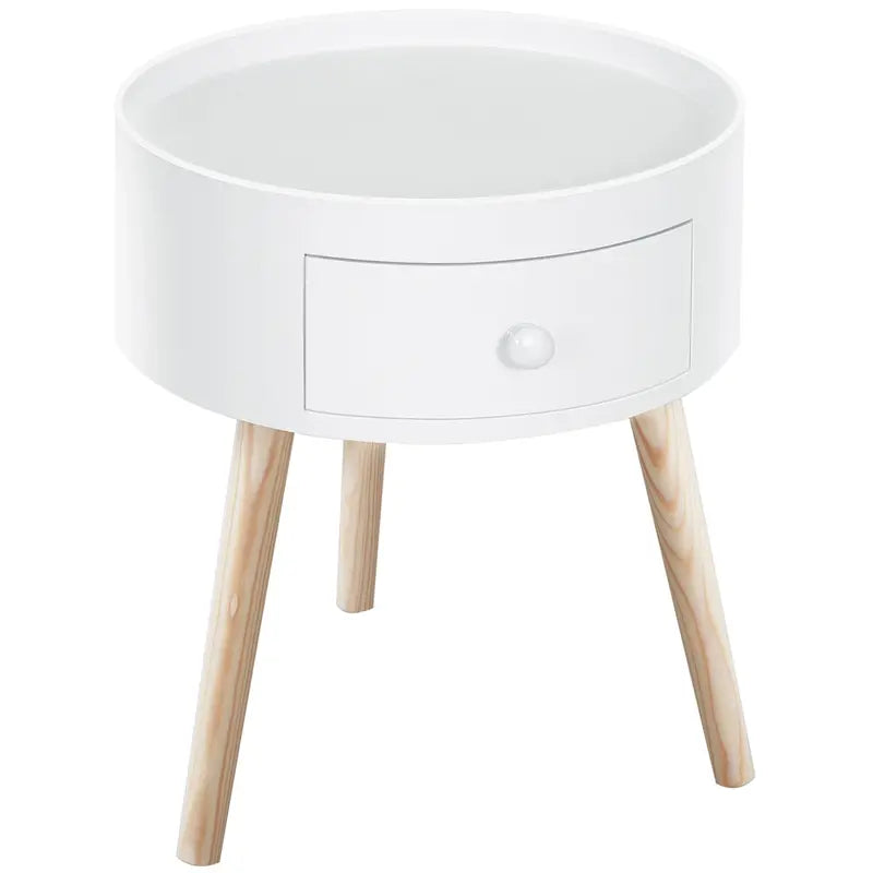 table de chevet ronde scandinave blanche avec pieds en bois clair, tiroir pratique et bord relevé.