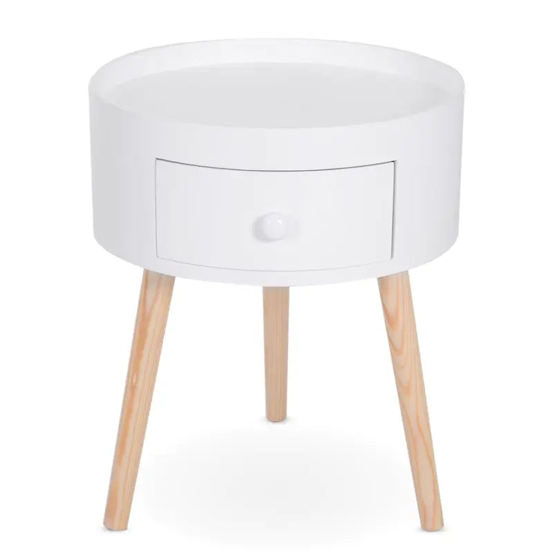  Table de chevet ronde scandinave blanche avec tiroir, idéale pour un style minimaliste.