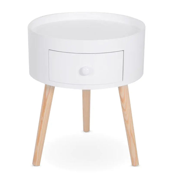  Table de chevet ronde scandinave blanche avec tiroir, idéale pour un style minimaliste.