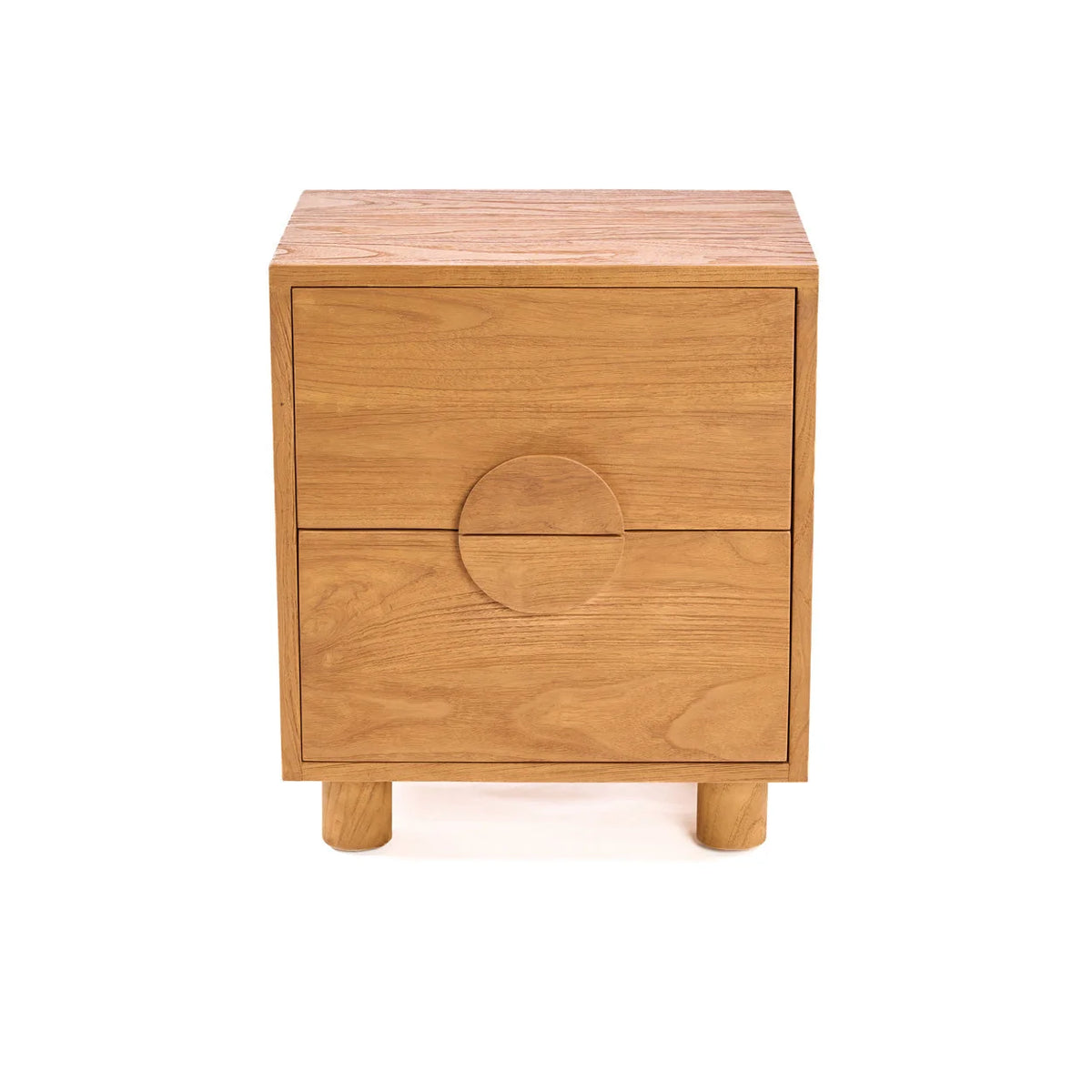 Table de chevet teck massif 2 tiroirs poignées circulaires 50x40 cm