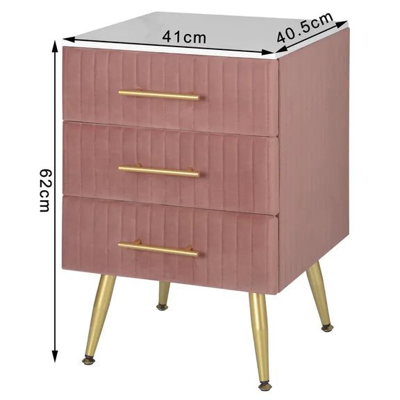 Dimensions détaillées de la table de chevet en velours rose avec 3 tiroirs, idéale pour un rangement pratique dans une chambre contemporaine.