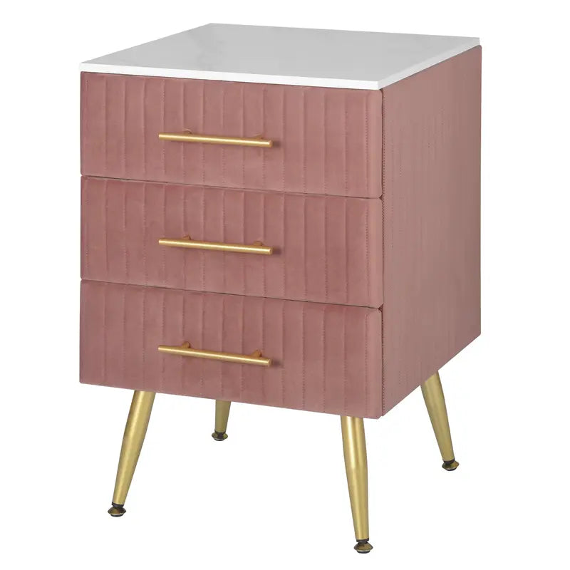 Table de chevet en velours rose avec 3 tiroirs