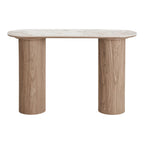 Table console marbre blanc pieds colonne bois strié 120x40 cm