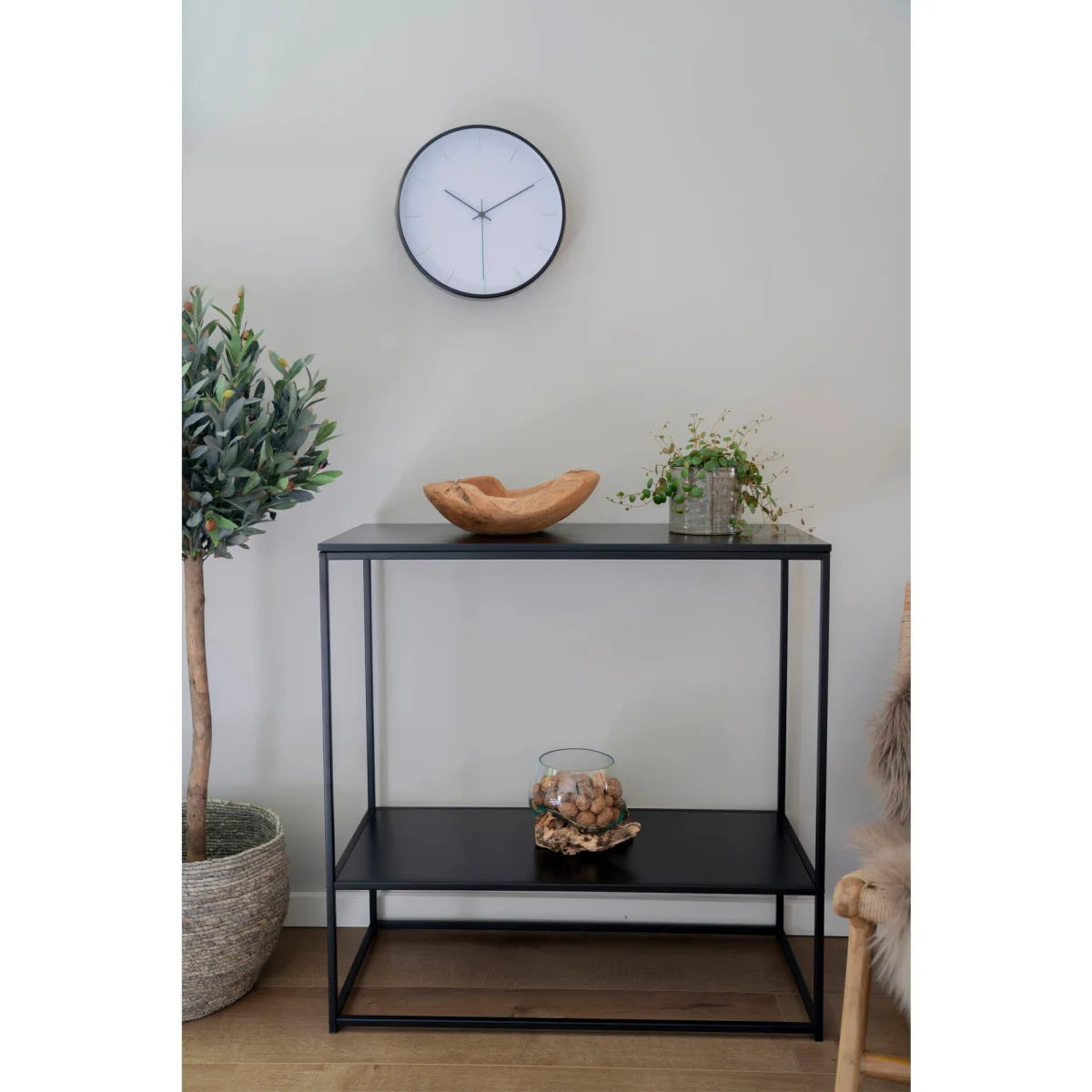 Table console noire en métal avec étagères rectangulaires 80x36 cm