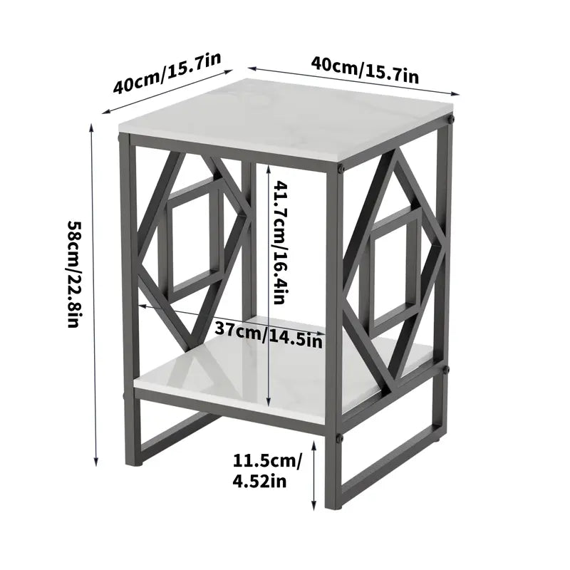 Dimensions de la table d'appoint carrée effet marbre avec détails des niveaux et structure en métal noir.