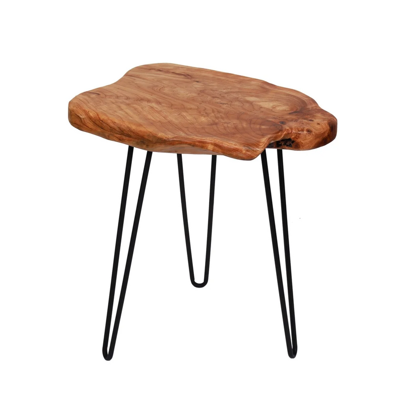 Table d’appoint bois naturel bord irrégulier pieds métal noir – Ø45 cm