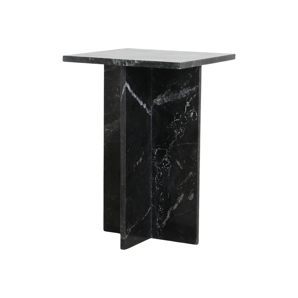 Table d’appoint carrée en marbre noir veiné avec piétement croisé sculptural