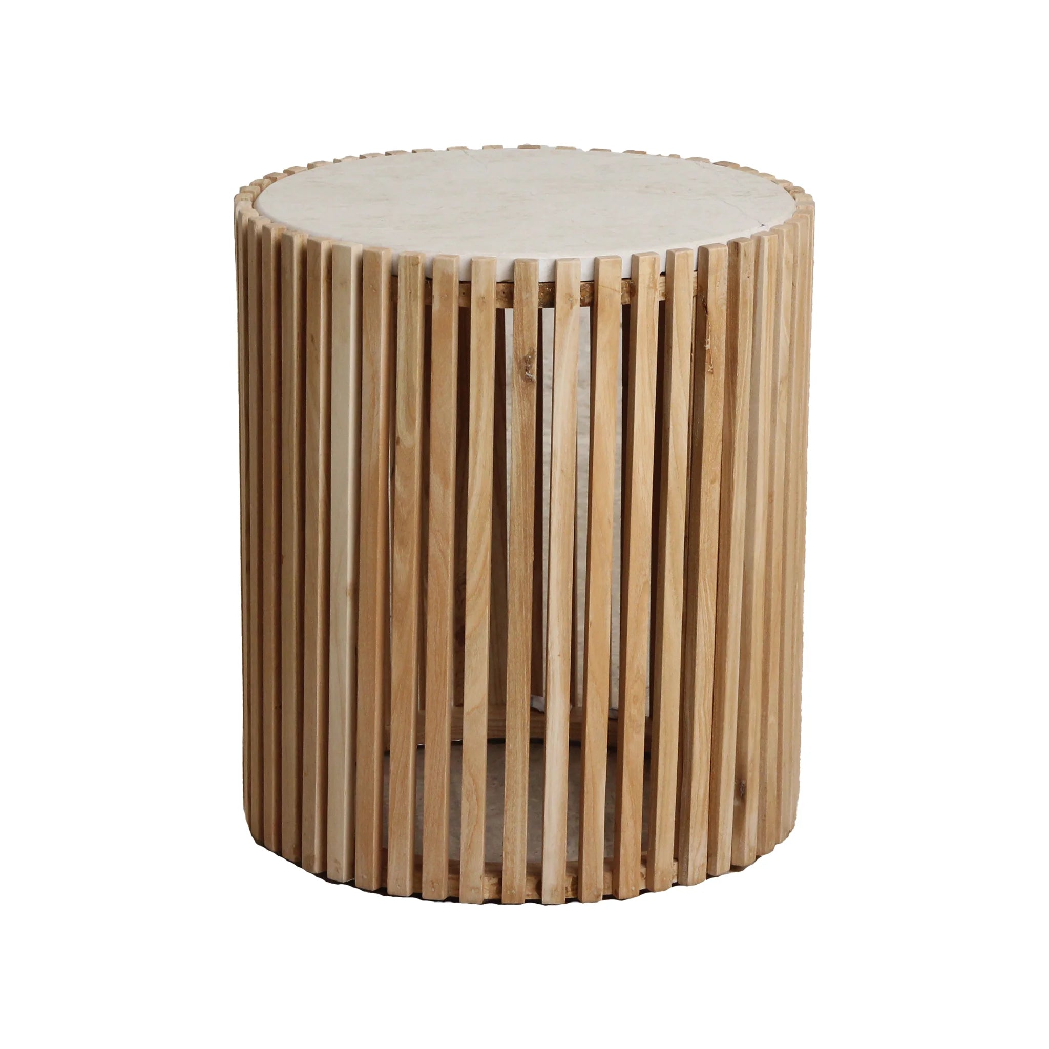 Table d’appoint Ø40 cm marbre blanc et bois naturel ajouré cylindrique