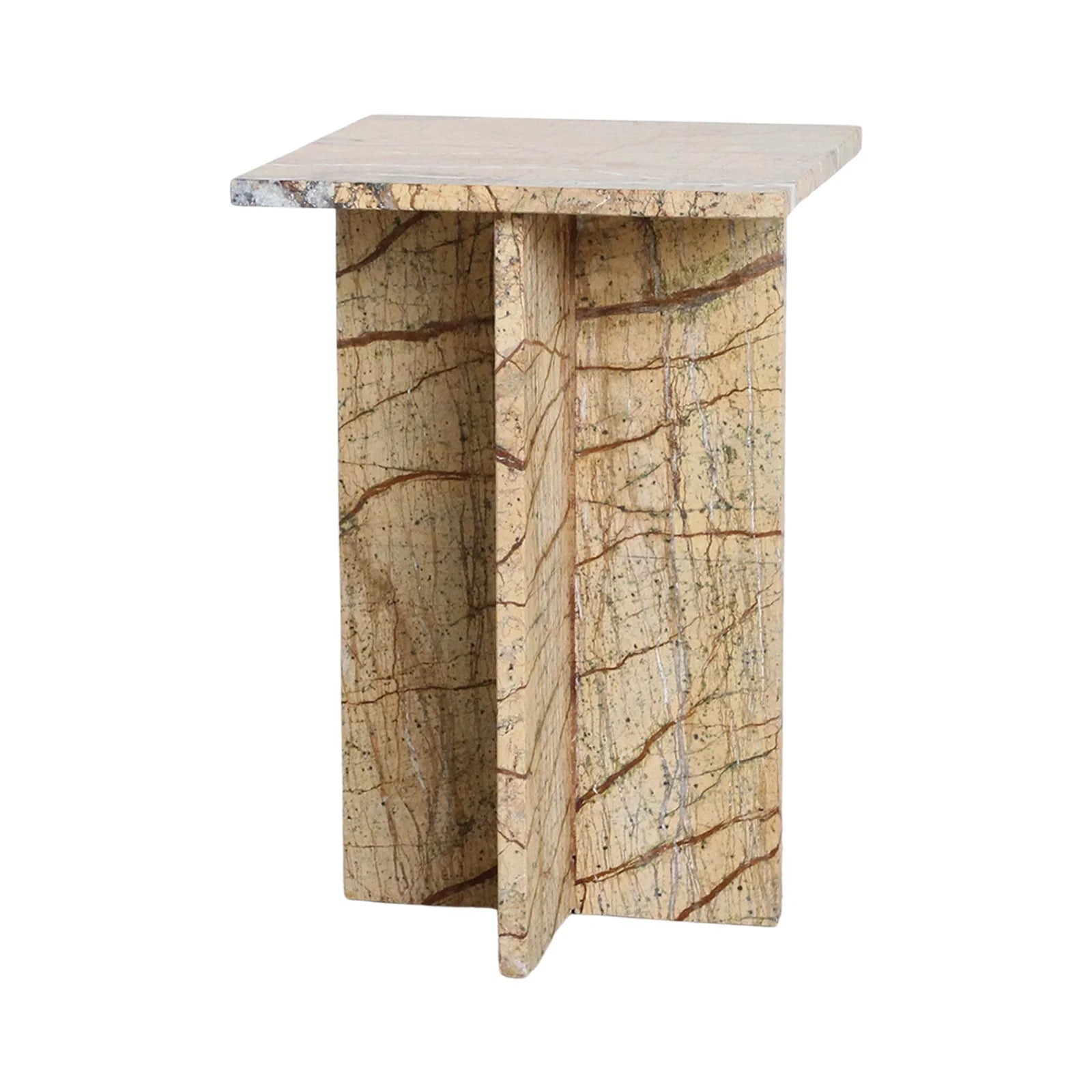 Table d’appoint en marbre beige et brun, piètement croisé, 35x35 cm