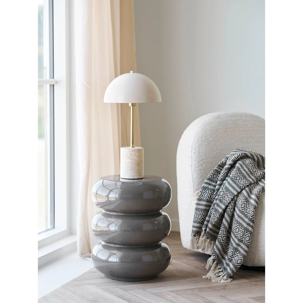 Table d’appoint ronde en céramique taupe brillante Ø35,5 cm avec lampe