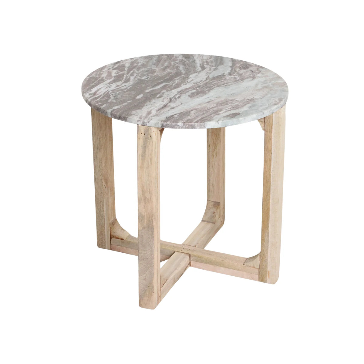 Table d’appoint ronde effet marbre blanc et gris, pieds bois clair en X, Ø50 cm